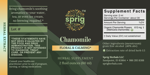 Herbal supplement label for chamomile with branding and ingredient information.