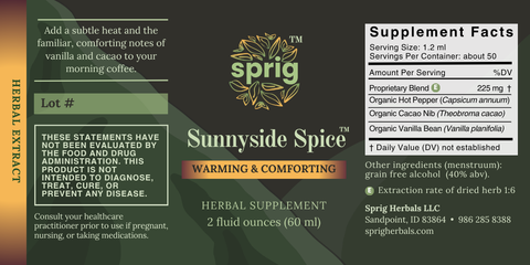 Herbal supplement label for 'Sunnyside Spice' by Sprig with supplement facts and branding details.