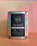 Canister of Sprig Soft Mallow herbal tea on a gradient background