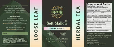 Sprig Soft Mallow herbal tea packaging with supplement facts label.