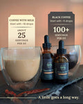 Two cups of coffee in clear mugs, one with milk and text above indicating that ~18 drops of Sunnyside Spice is about right and would result in 25 servings per oz. The other mug contains black coffee and has text above indicating that ~5 drops is about right and would result in over 100 servings per oz. There is a 1oz and 2 oz bottle of Sunnyside Spice between the mugs.